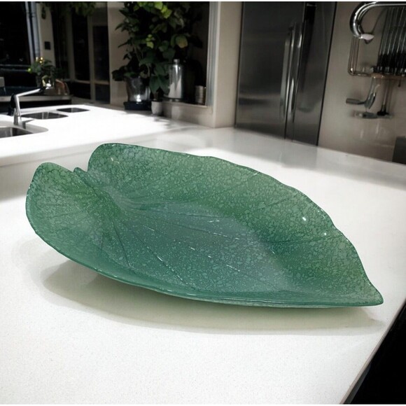 Vintage Leaf Fruit Bowl Art Deco Glass Green Serving Dish Decor 15 1/4” X  10” - Picture 1 of 14